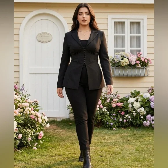 ELOQUII Plus Size Black Corset Waist Hook-and-Eye Blazer Jacket SIZE 16 NWT - Picture 2 of 9